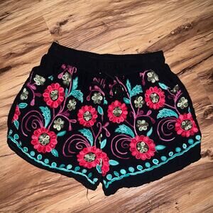 Super Cute Black and Red Floral Print Loose Fitting Shorts Size Small
